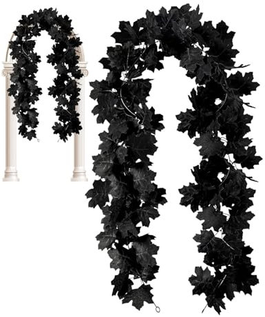 Herbstgirlande Outdoor,Herbstgirlande - Herbstdeko 2 Stück Schwarze realistische Ahornblätter-Girlande,Herbstgirlande für Kamine, Balkone, Türrahmen, Ergänzung zu Halloween und Weihnachten