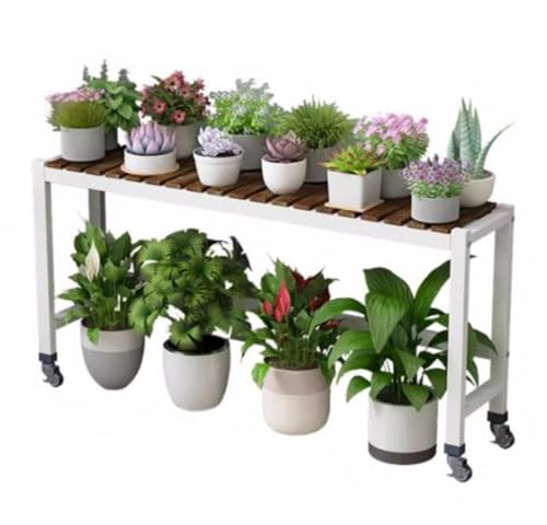 KADEUX Pflanzenständer Für Indoor Outdoor, Holz Blumenbank Mit Rollen, Garten Pflanzenregal Flower Stand, Für Balkon Wohnzimmer Terasse(120x26x50cm)