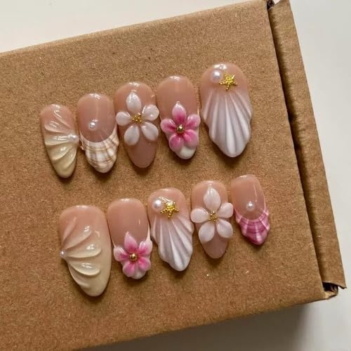 MAGLFELL Press On Nails - Medium Almond Handmade Unique Fake Nails, Thick Acrylic and Muti-Layer Gel False Nails, Reusable Gel Cured Sturdy 3D Stick On Fake Nails with Nails File Set (Size M)