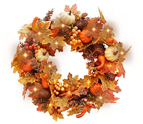 40cm Autumn Door Wreath, Artificial Maple Leaves Door Wreath Fall Sunflowers Decorations for Front Door Harvest Thanksgiving Halloween Christmas Indoor Outdoor (With Light)