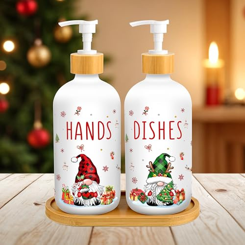 Weihnachtsseifenspender, Zwerg, Glas, Seifenbehälter mit Pumpe und Tablett, nachfüllbar, für Urlaub, Weihnachten, Zuhause, Küche, Badezimmer, Arbeitsplatte, Dekoration