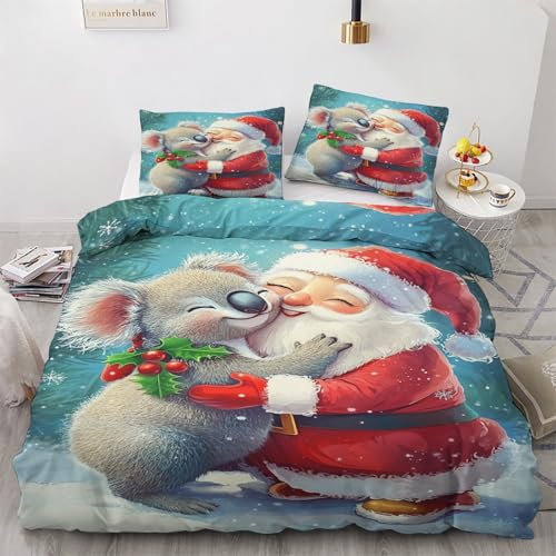 Weihnachten Deko - Weihnachten Bettwäsche 135x200 Winter, Kinder Weihnachtsmann Koala Bettbezug 135 x 200 2er Set mit 1 Kissenbezug 80x80, Weiche Mikrofaser Winterbettwäsche mit Reißverschluss L*&254