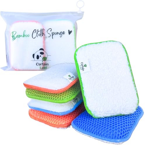 Certain Leaf Bamboo Kitchen Sponge Dish Sponge Pack of 6, Non Scratch Kitchen Cleaning Sponge and Reusable Dish Washing Sponge with Extra Absorbent Long Lasting Durable Scrubber
