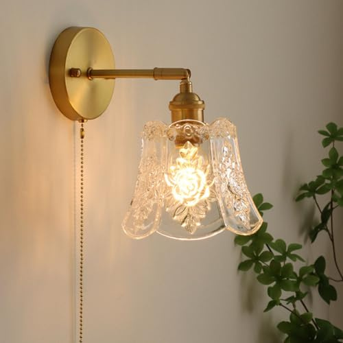 LOGT Kristall Wandlampe Drehbare mit Schalter Wandleuchte Innen Moderne Wandbeleuchtung Florentiner Glas Lampenschirm Nachttischleuchte Gold mit Zugschalter E27 für Schlafzimmer Wohnzimmer