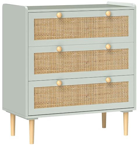 HOMCOM Commode 3 tiroirs Commode Chambre Meuble de Rangement Style bohème en Effet rotin Naturel, avec Cadre en Bois pour Chambre à Coucher, Salon, entrée, 80 x 40 x 87,5 cm, Vert Olive