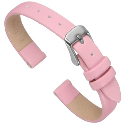 QUARKZMAN klockarmband 10 mm läder med silver rostfritt stål spänne, klockarmband vintage ersättningsarmband för smartwatch universell klocka eleganta kvinnor män (rosa)