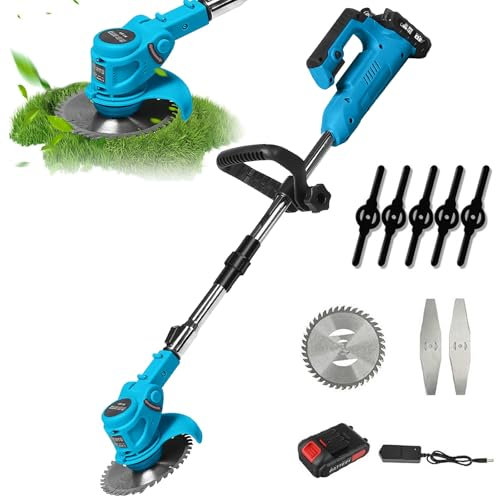 Tagliaerba a batteria, 800 W, 21 V, senza fili, 18.000 giri/min, asta telescopica regolabile (90 – 120 cm), include 5 coltelli in plastica + coltello metallico, silenzioso e sicuro