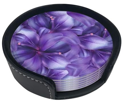Set di 6 sottobicchieri con stampa di fiori di giglio viola, per tavolini, bevande, bar, feste, 9,9 cm