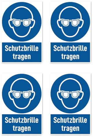 Aufkleber: 112.5x75 mm, 4 Stück - Schutzbrille tragen - Gebotszeichen mit Text (deutsch) (blau/weiß) - hochkant - M004 - DIN EN ISO 7010 / ASR A1.3