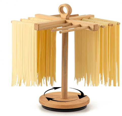 Rotary Pasta Drying Rack, 12-Bars Detachable Noodles Pasta Drying Hanger Stand Spaghetti Drying Rack for Kitchen Decor, Large Easy Storage Wood Pasta Holder Housewarming Gifts for Women