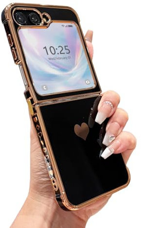L-FADNUT för Samsung Galaxy Z Flip6/5 fodral, sött hjärtmönster telefonfodral med lyxig guldpläterad stötfångare för flickor kvinnor, stötsäker smal stötfångare repfri skyddshölje, svart