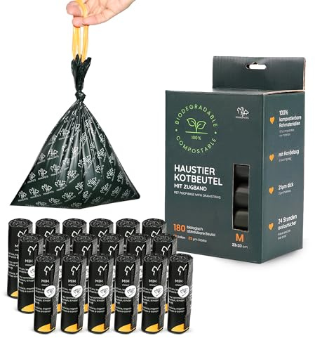 MIHA PETS Hundekotbeutel mit Zugband | Extra dick 25μm auslaufsicher | TÜV zertifiziert Vollständig kompostierbar biologisch abbaubare | 180 Stück Kotbeutel für Hunde Dog Poop bags | Größe M