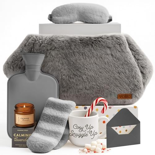 Mother's Day Gift Set - Mothers Day Hamper with Grey Hot Water Bottle Belt, Socks, Mug, Candle, Sleep Mask, & Colouring Book with Pencil, Mothers Day Gifts for Mum
