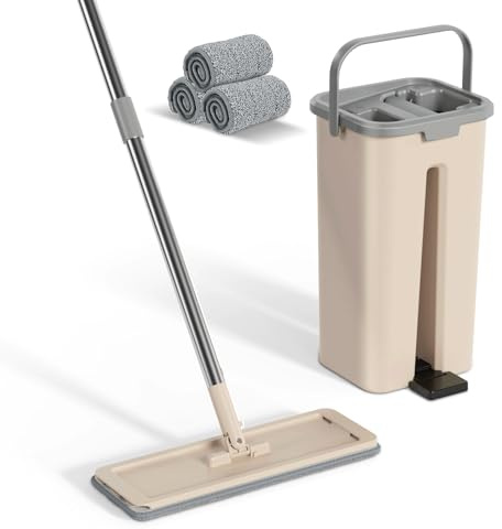 Eukue Mopa Fregona con Cubo Escurridor, Fregona Plana Giratoria 360 ° con 3 Mopas Reutilizables, 2 en 1 Cubos de Fregona de Manos Libres para Limpieza de Todo Tipo de Suelos