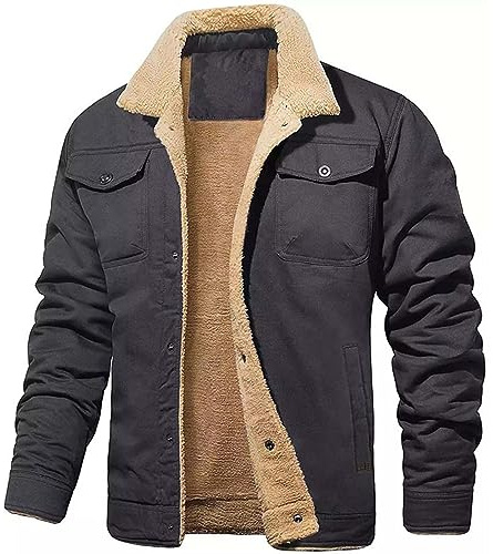 Generisk vinterjacka herr varm fodrad, jeansjacka fleece fodrad övergångsjacka förtjockad stora storlekar mocka jacka cardigan revers arbetsjacka affärer enkel fritidsjacka för vardag, GRÅ, 4XL