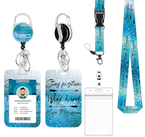 Fashionable ID Badge Holder Lanyard Set - Retractable Badge Reel with Carabiner Clip & Detachable Strap, Vertical Card Protector for Teacher, Doctor, Nurse & Student (Blue)