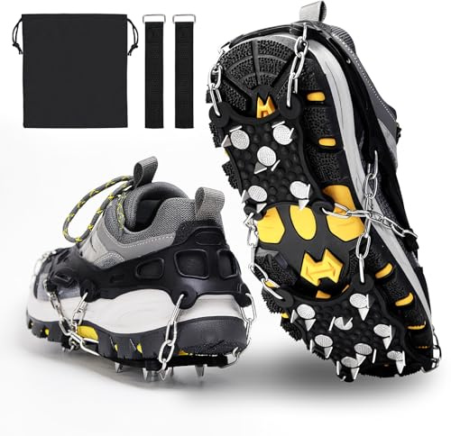 Grödel Steigeisen für Bergschuhe-Steigeisen für Wanderschuhe mit 26 Edelstahl Spikes, Spikes für Schuhe Winter, Grödel für Wanderschuhe, Schuhspike für Walking, Joggen, Klettern, Wandern (Schwarz, L)
