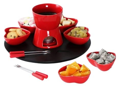 Ceramic Fondue Set with 4 Forks & Dishes, Non-Electric Chocolate & Cheese Fondue Pot, Tealight Heated Ceramic Butter Warmer for Caramel, Desserts & Parties