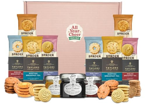 All Year Cheer Luxury Biscuit Tea Gift Box – 8 Biscuit Twin Packs, Luxury Tea Selection & Mini Jam Set – Letterbox Gifts, Afternoon Tea Hamper for Women, Men & Families For All Year Round