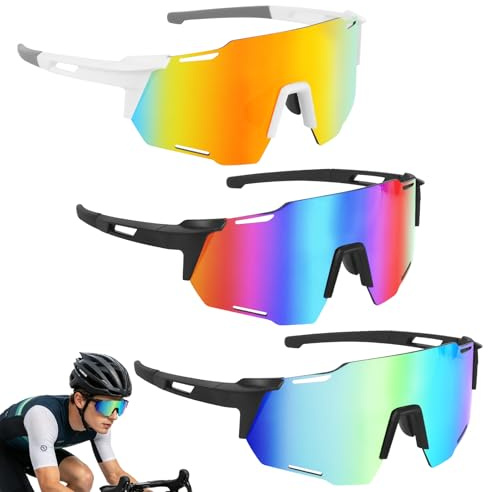 DAJASD Schnelle Brille Rave, 3 Stück Fahrradbrille Herren Damen, Sport Sonnenbrille, UV400 Schutzbrille, Polarisiert, Winddicht für Herren Damen für Angeln Rennrad Sport