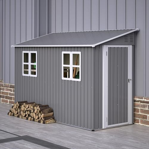 Geräteschuppen Metall Grau, Anlehn-Gerätehaus mit Pultdach & Boden-Kit, Doppeltür Links/rechts montierbar, Wetterfest 291x110.8x188.6cm 4x10 FT