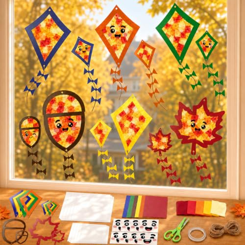 12 Stück Herbstdeko Innen Dekoration Herbst Fensterbilder Bastelset Kinder | DIY Herbstdeko Fenster Fensterdeko Herbst Deko Bastelset, Autumn Fall Decor Kleine Geschenke Drachen Bastelset für Kinder