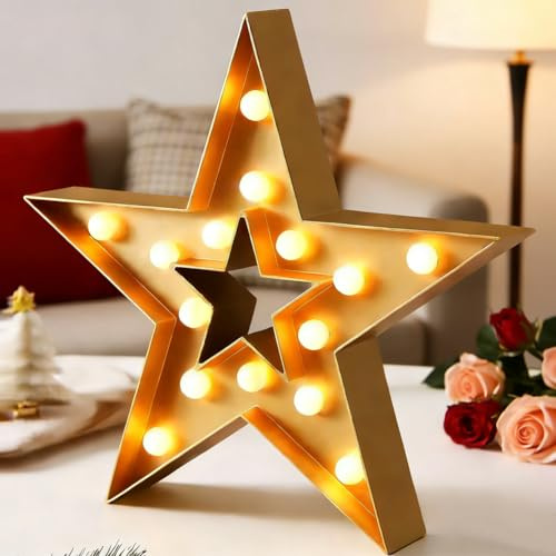 Bright Zeal 13 Large LED Star Marquee Sign (Gold, 6hr Timer) - Star Marquee Light Gold Star Decor Lights - Lighted Sign Outdoor Decorative Signs for Wall Decor Him Her Independence Day Decorations