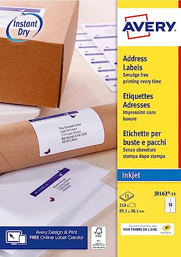 Avery J8163-15 Etichette autoadesive bianche, 210 pezzi, 99,1 x 38,1 mm, foglio A4, stampante a getto d'inchiostro, formato compatto, carta FSC, compatibile con My Online Stamp