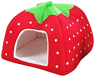 JEELINBORE Weiche Haustier Erdbeeren Schlafsack Hundehütte Katzenhöhle Hund Katze Haus Kuschelhöhle Körbchen (Rot, L: 36 * 36 * 38cm)