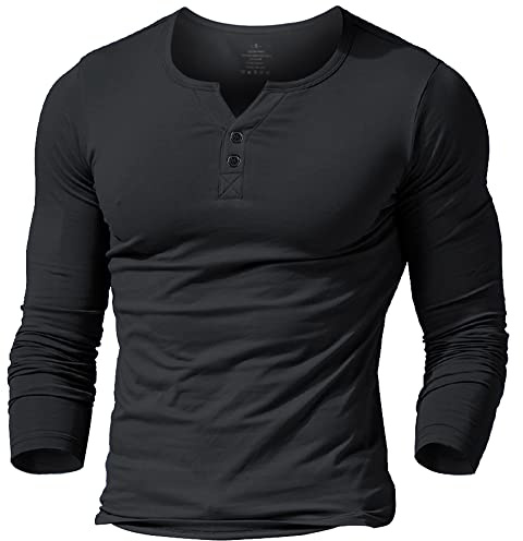 Camiseta Henley Slim Fit Manica Manga Larga Hombre con Botón Camisas Algodón Negro L