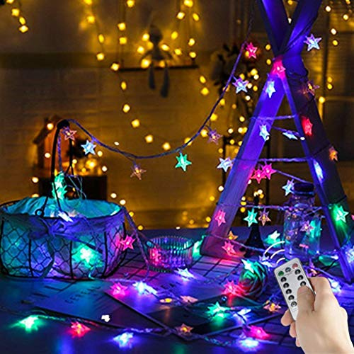 Sunboia 100 LED Sterne Lichterkette,wasserdicht,Fernbedienung mit 8 Leuchtmodi,Weihnachtsdeko USB Powered für Fenster Garten Zimmer Weihnachten Geburtstag-Bunt