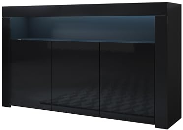 MB Muebles Bonitos | Modernes Sideboard | Breite 155 x Höhe 91,5 x Tiefe 37 cm | Glänzendes Melamin | Schwarz | Wohnzimmer TV-Lowboard | Modell Aker