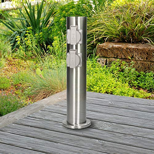 ECD Germany Colonne Multiprise de Jardin - Prise de Courant Extérieure en Acier Inoxydable - IP44 - Impermeablé - Distributeur d'énergie 4 Prises - Argent - Moderne - 220-240 V