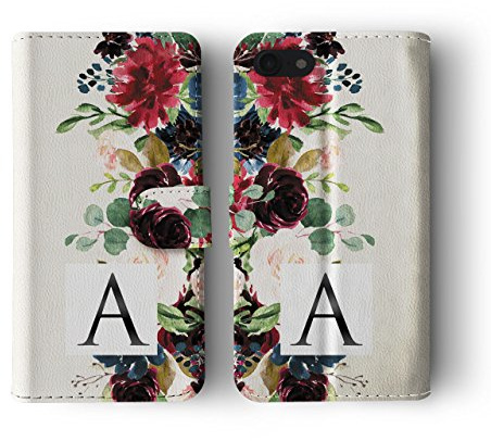 Tirita Personalised Initials Custom Wallet Leather Flip Phone Case Compatible with iPhone 12 & 12 Pro PRINTED GLITTER, NOT REAL GLITTER Watercolour Floral Spring Summer Flowers Peony Roses