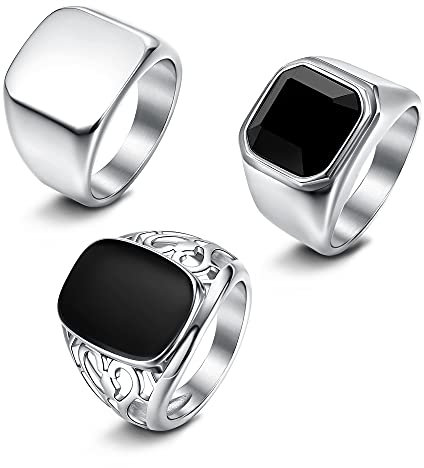 KALVICA 3 Stück Edelstahl Quadratischer Breit Ring Set Herren Damen Schwarz Onyx Zirkon Ringe Quadrat Siegelring Herren Ringe Biker Poliert Retro Größe 54-70