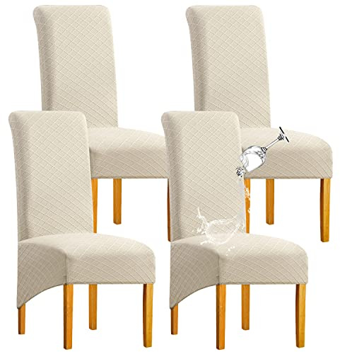 SHENGYIJING Large Chair Covers for Dining Chairs Stretch Spandex Dining Room Chair Covers Set of 4 Removable Washable Jacquard High Back Waterproof Parsons Chair Protector Slipcovers, Beige