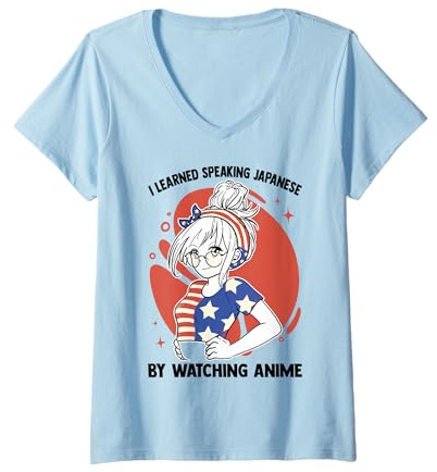Womens I Learned Speaking Japanese By Watching Anime - Kawaii Otaku V-Neck T-Shirt