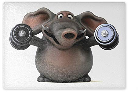 Schneidebrett/Glasschneidebrett 30x39x0,4cm- Motiv: 3D Elefant beim Gewichtheben mit Hanteln | 01