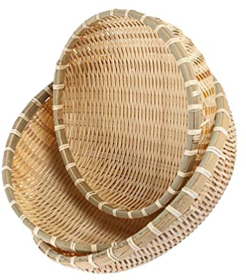 Happyyami 3Pcs Bambuskorb Tablett Flach Flacher Korb Gewebtes Obstkorb Dekorative Rattan Tablett für Die Heimküche