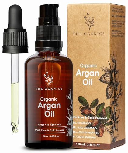 THE OGANICS® Arganolja Ekologisk 100% Ren, Kallpressad i Marocko – Reparerar & Närar, Anti-Age – Arganolja för Hår, Ansikte & Kropp – Vegansk Argan Oil – Glasflaska med Pump & Pipett – 50 ml