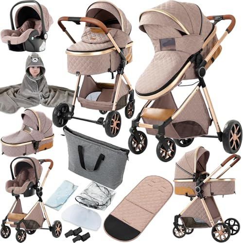 Prokoke Kinderwagen 3 in 1, Buggy mit Umkehrbarem Zwei-Wege-Schub, Kinderwagen Rahmen Aluminiumlegierung, Kombikinderwagen 3 in 1 Einem Klick Faltbar Baby Kleinkind Neugeborene (225 Khaki)