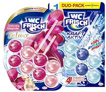 WC FRISCH DeLuxe Delicate Magnolia (2 * 50 g), Duftsteine mit Parfümperlen & WC FRISCH Kraft Aktiv Duftspüler Frische Brise (2 * 50 g), WC Reiniger für Reinigung bei jeder Spülung