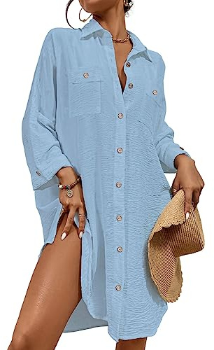 Bsubseach Mujer Traje de baño Cover Up Bikini Vestido Corto de Playa Blusa Casual de Manga Larga Ropa de Playa Camisola y Pareos Azul Claro S