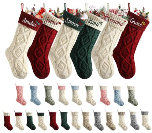 MJARTORIA Nikolausstrumpf Personalisierte Weihnachtsstrumpfe mit Namen 46cm Gestrickt Bestickte Weihnachtssocken Kamin Hängenden Strumpf für Feiertags Familienparty Dekoration，Bunt E：2Pcs