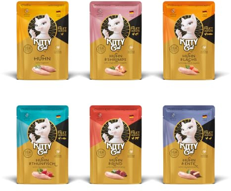 KITTY Cat Mix Filet in Paté, 6 x 85 g, Nassfutter für Katzen im Probierpaket, feinstes Katzenfutter mit Taurin, Lachsöl und Grünlippmuschel, getreidefrei mit extra viel Fleisch, Made in Germany | Alleinfuttermittel, Getreidefrei, Taurin, Lachsöl & Grünlippmuschel, Hoher Fleischanteil, Made in Germany