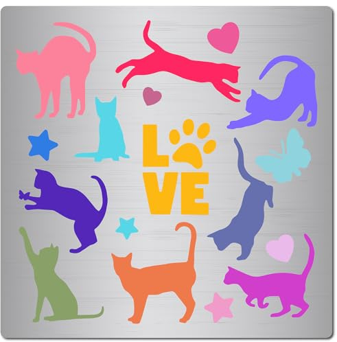 GORGECRAFT 16x16cm 9 Muster Katze Wiederverwendbare Metall-Edelstahl-Schablonen Tier-Schmetterling-Herz-Stern-Zeichnungsvorlage Zum Gravieren Scrapbooking Holzbrennen Malen DIY-Projekte