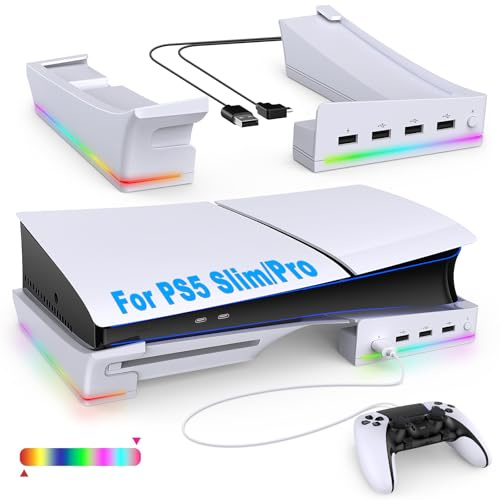 FASTSNAIL RGB LED Horizontaler Ständer für PS5 Slim/Pro Konsole, Halterung Zubehör mit 4 USB-Anschlüssen, Standfuß für PlayStation 5 Slim/Pro Disc&Digital Edition