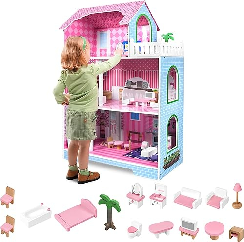 HENGMEI Maison de poupée en bois pour enfants - Maison de poupée à 3 étages avec intérieure meubles et accessoires - HairHeart70 x 30 x 100 cm