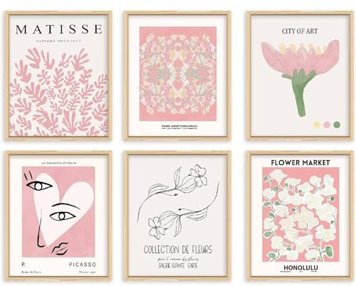 6PCS Preppy Room Decor - Pink Wall Bedroom Boho Wall Decorations, Cute Preppy Wall Art Prints for Teen Girls College Dorm Apartment Decor, Abstract Flower Hanging Poster Home（No Photo Frame Included）