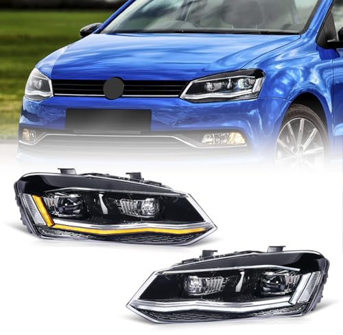 Archaic Scheinwerfer kompatibel mit VW Polo Mk5 6R 6C 2009-2017 (Nur für Standard -Halogen),mit Glühbirne,Mit E-Prüfzeichen